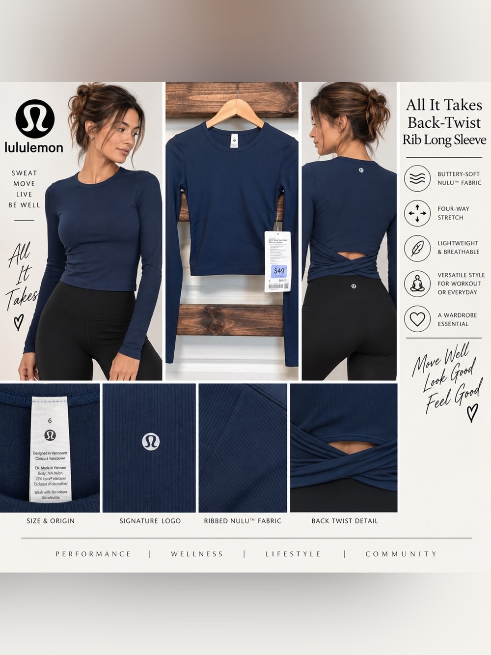 Lululemon All It Takes Back-Twist Ribbed Long Sleeve Navy Size 6 NWT